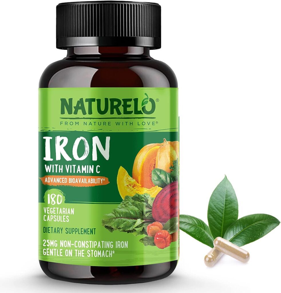 NATURELO Vegan Iron Supplement with Vitamin C and Organic Whole Foods - Gentle Iron Pills for Women  Men with Iron Deficiency Including Pregnancy, Anemia and Vegan Diets - 180 Mini Capsules